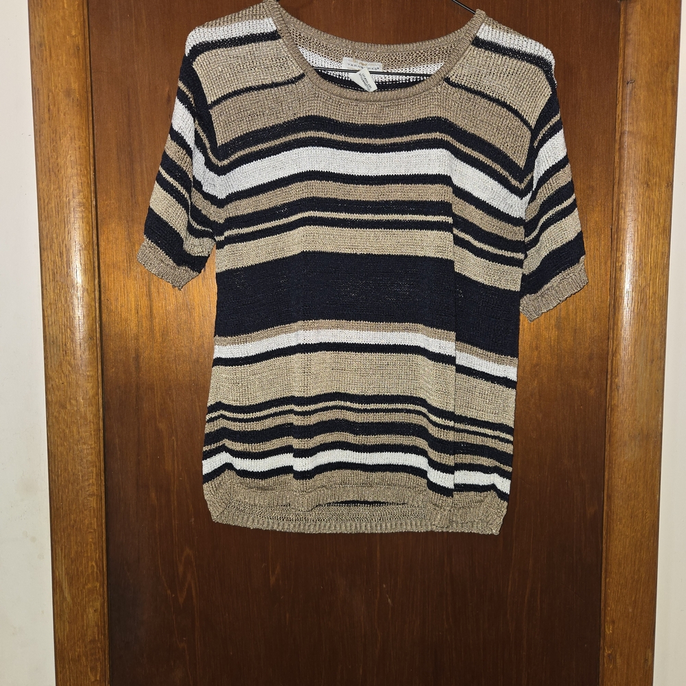 Striped Short-Sleeve Knit Top in Black, White & Tan